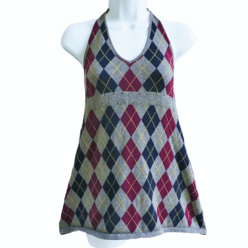 Michael Kohrs Argyle Halter Top Studs Grey Red Yellow Knit Cotton L